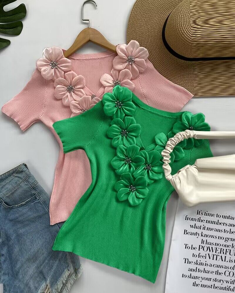 

Floral Pattern Rhinestone Decor Knit Top, Green