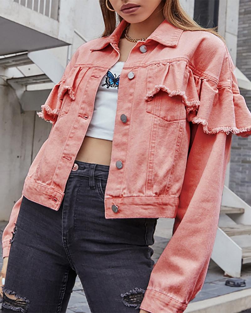 

Fringe Hem Ruffles Button Front Denim Coat, Red
