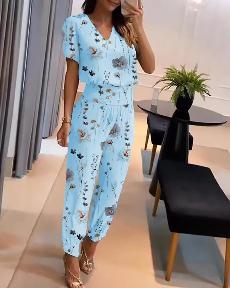 

Floral Print Puff Sleeve Top & High Waist Cuffed Pants Set, Blue