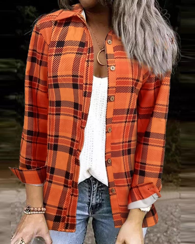 

Plaid Print Roll Tab Sleeve Button Down Shirt, Orange
