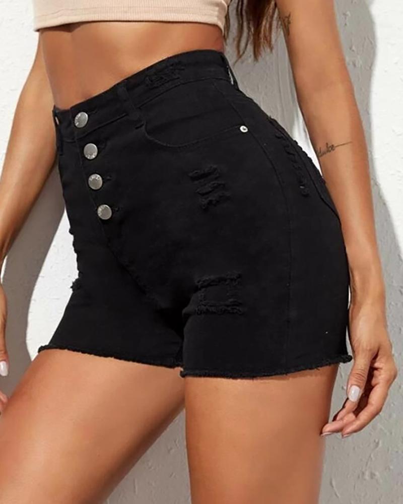 

Single Breasted Ripped Denim Shorts, Black