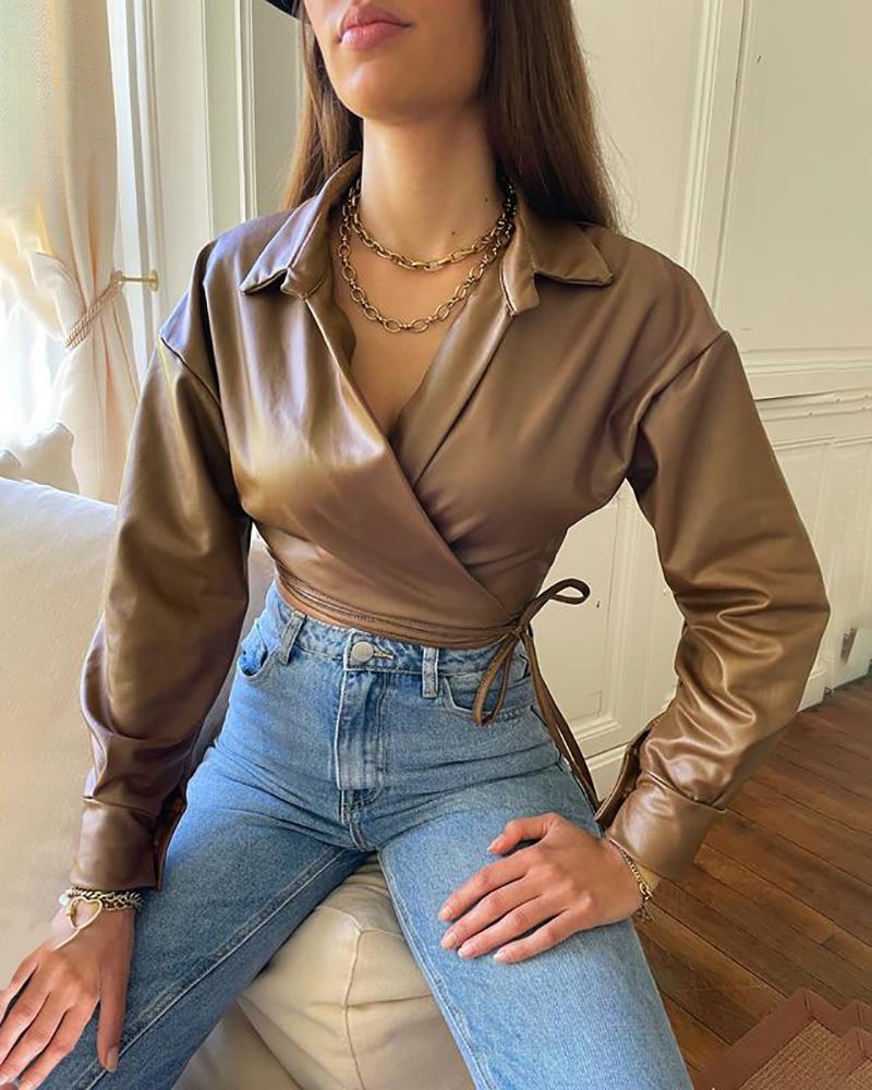 

Long Sleeve PU Leather Crisscross Tied Detail Top, Brown
