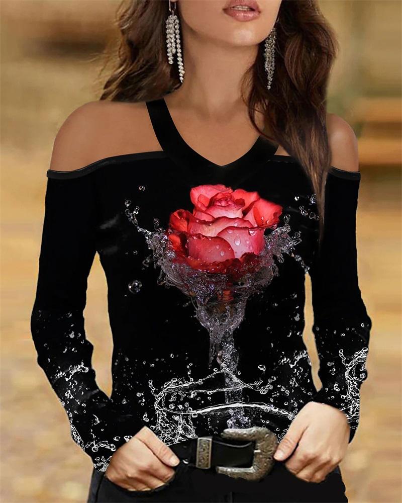 

Floral Print Cold Shoulder Top, Red