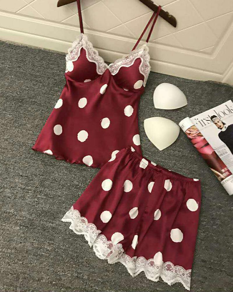 

Polka Dot Print Crochet Lace Trim Cami Set, Wine red