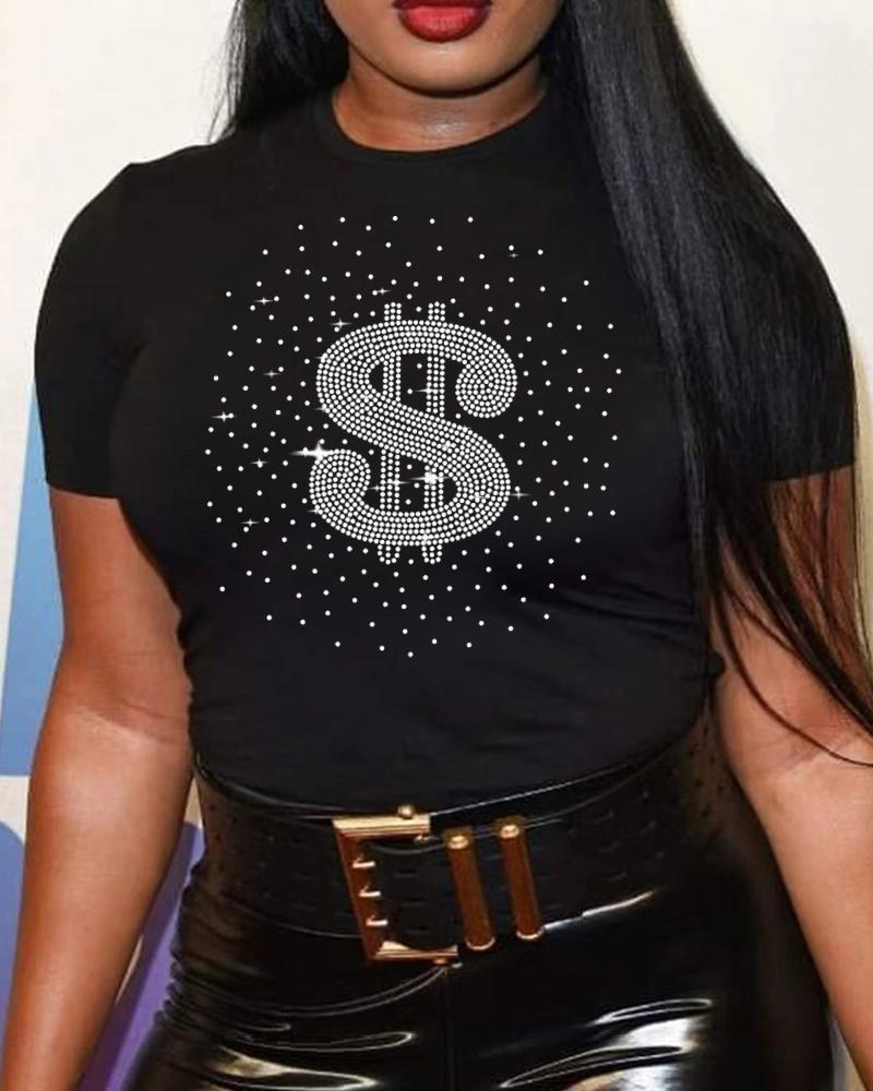 

Plus Size Rhinestone Dollar Pattern Casual T-shirt, Black