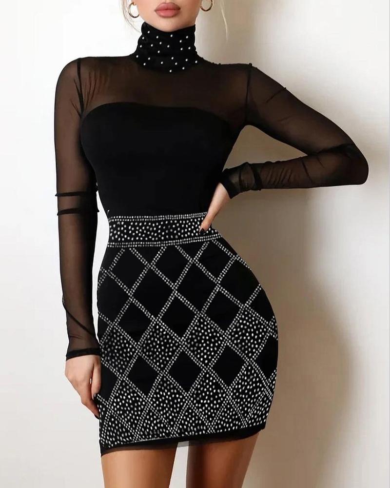 

Rhinestone Decor Sheer Mesh Bodycon Dress, Black
