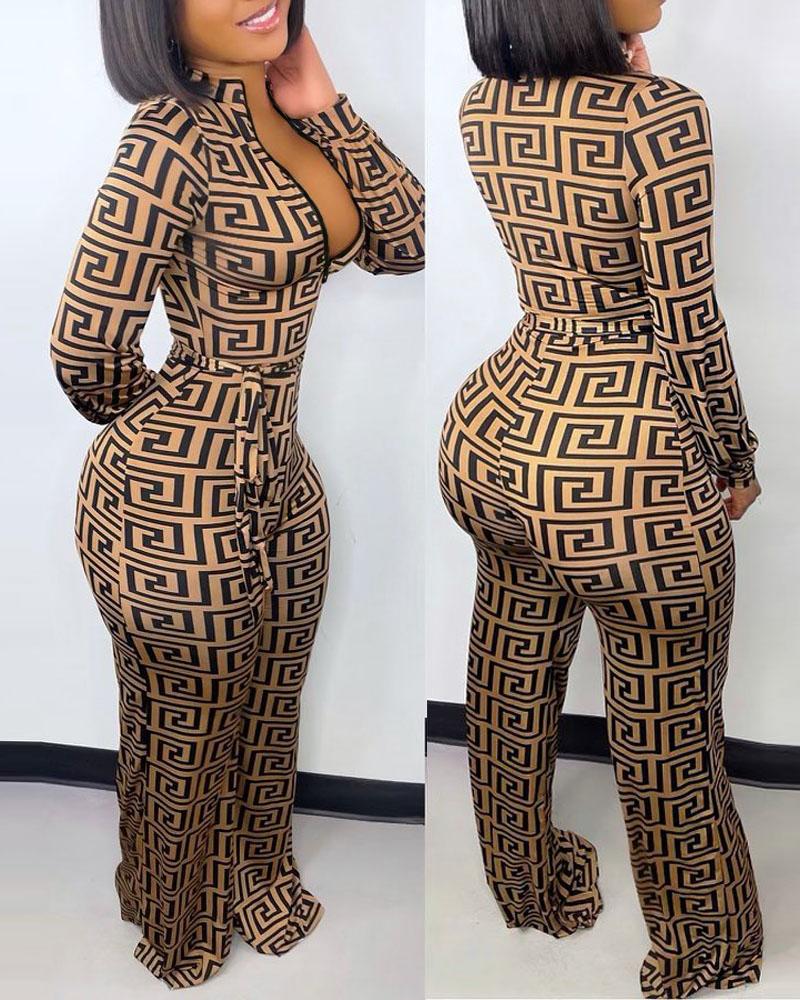 

Geometric Print Zip Front Long Sleeve Jumpsuit, Brown