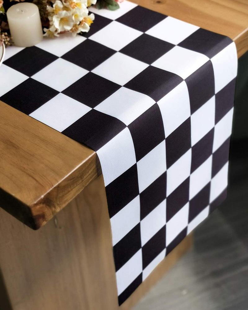 

Table Runner Black and White Checkerboard Racing Theme for Anniversary Dinner Parties Supplies Wedding Halloween Christmas Decorations, Style1