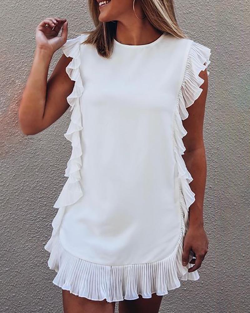 

Ruffle Hem Plain O Neck Casual Dress, White