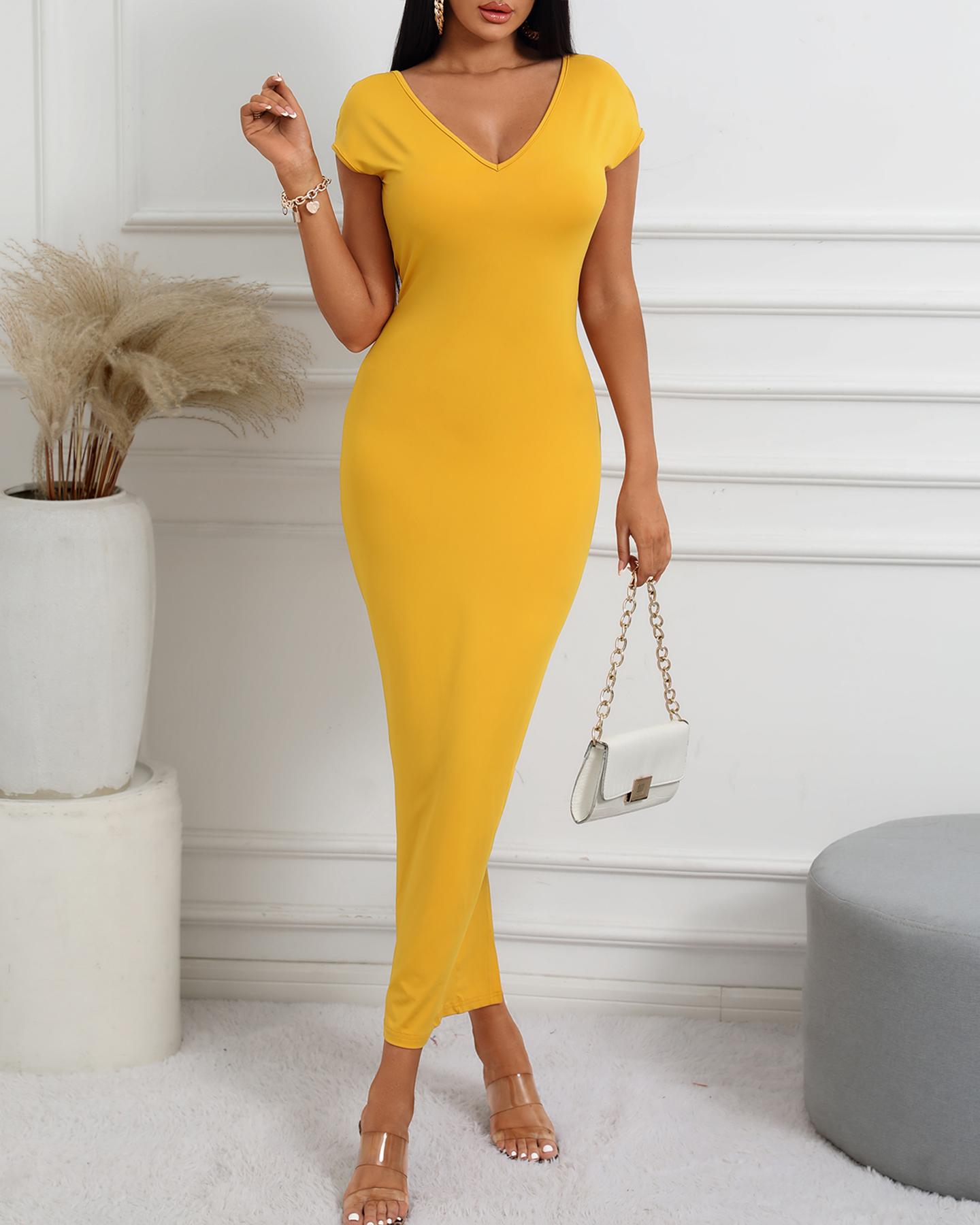 

Backless Zipper Design Slit Maxi Dress, Yellow