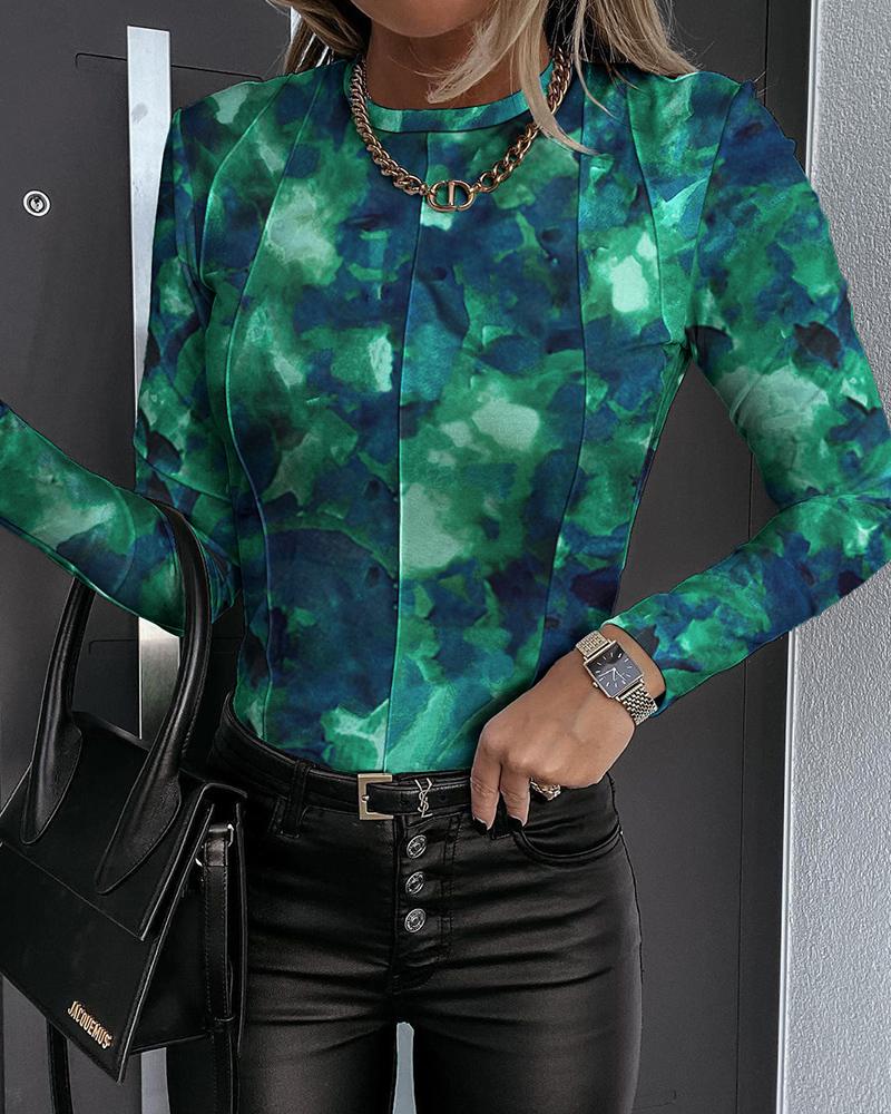 

Abstract Print Contrast Stitch Long Sleeve Skinny Top, Green