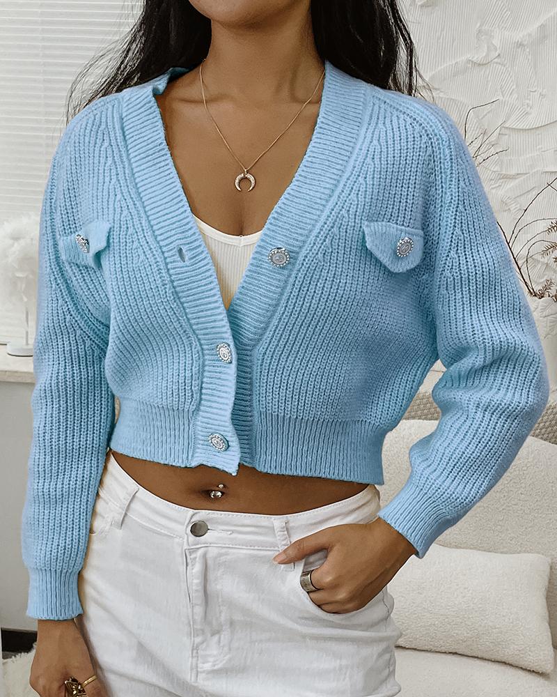 

Buttoned Fake Pocket Crop Cardigan, Blue