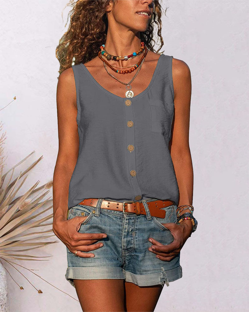 

Pocket Button Decor Casual Tank Top, Gray