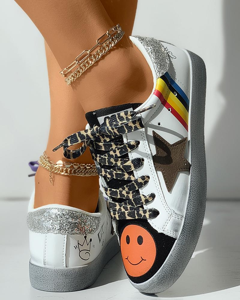 

Graphic Star Striped Print Lace-up Sneakers, Black