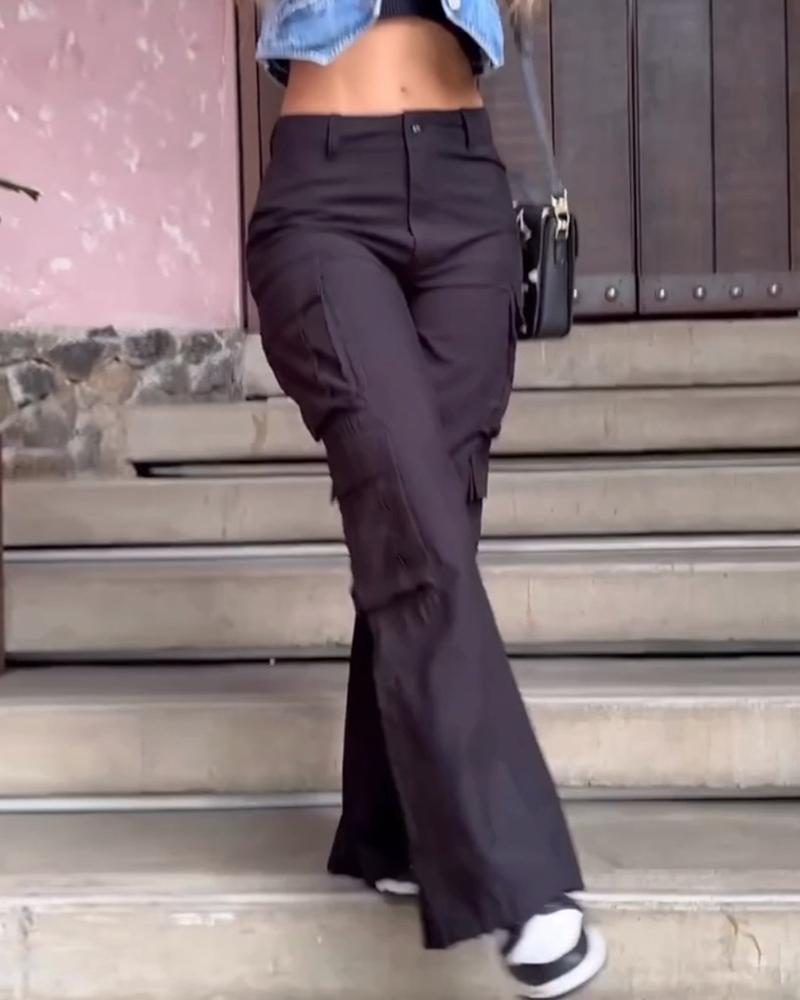

Pocket Design Wide Leg Cargo Pants, Black