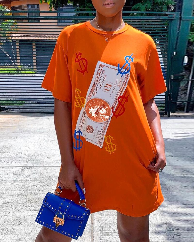 

Dollars Print Round Neck T-shirt Dress, Orange
