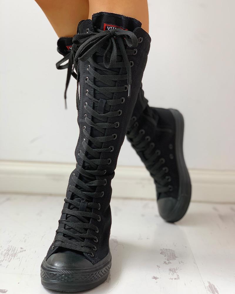 

Canvas Side Zipped Lace-Up Boots, Black