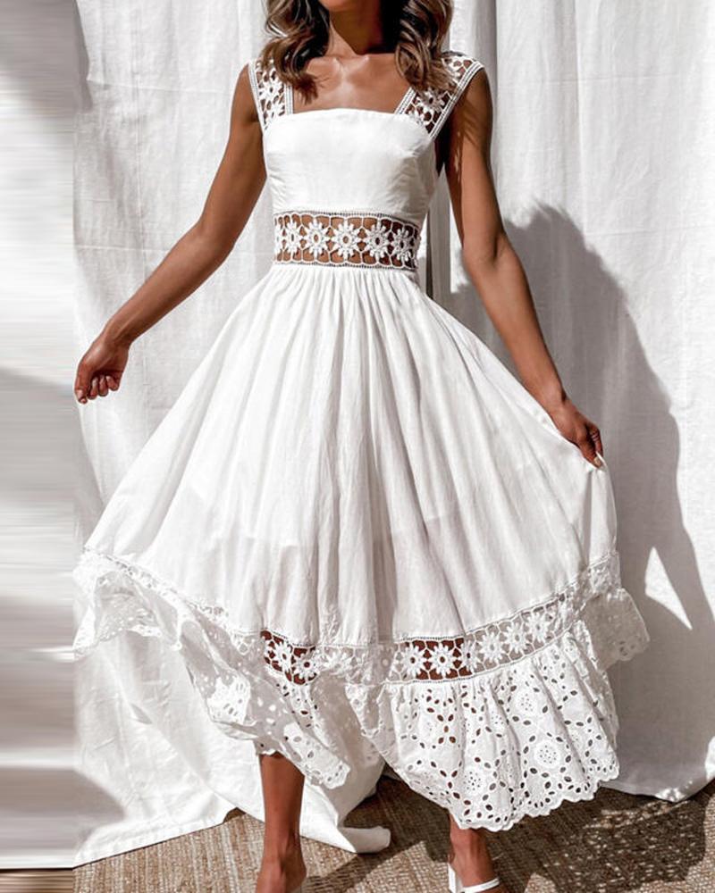 

Eyelet Embroidery Contrast Lace Sleeveless Maxi Dress, White