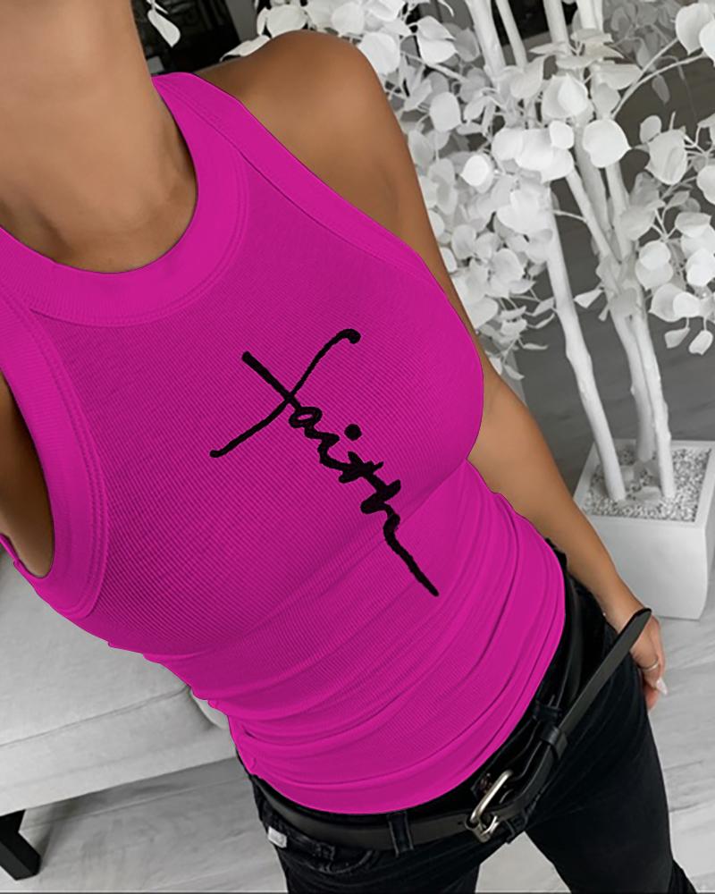 

Faith Print O-Neck Ribbed Casual Tank Top, Hot pink