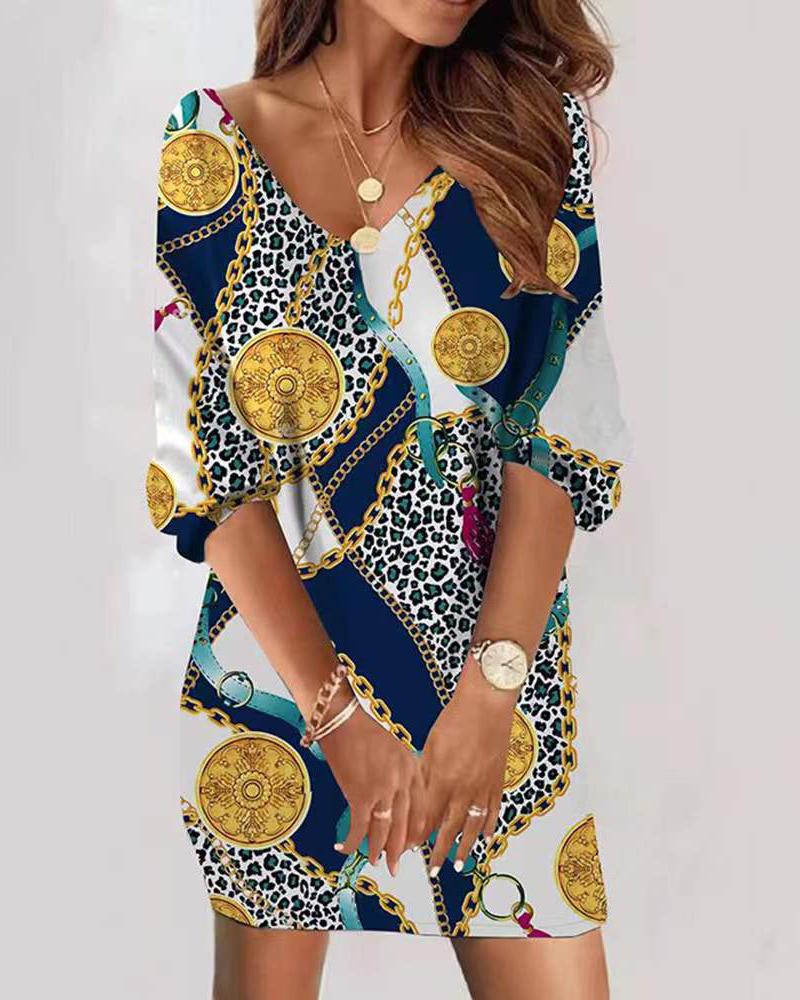 

Scarf Chain Print V-Neck Casual Dress, Multicolor