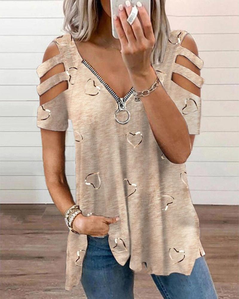 

Heart Print Ladder Cutout Cold Shoulder Top, Khaki