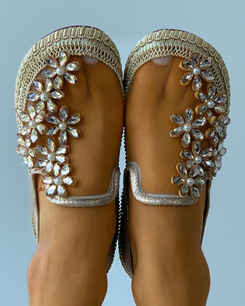

Rhinestone Floral Pattern Sheer Mesh Casual Shoes, Gold