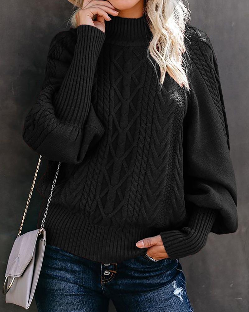 

Lantern Sleeve High Neck Cable Knit Warm Sweater, Black