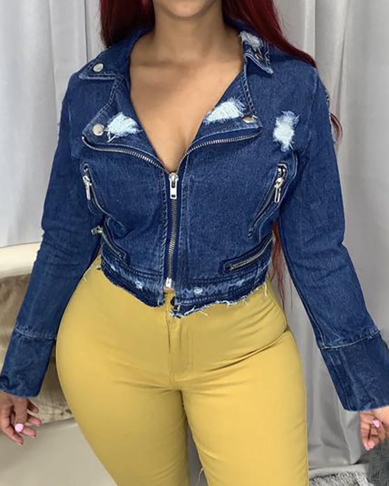 

Long Sleeve Ripped Zipper Design Denim Jacket, Blue
