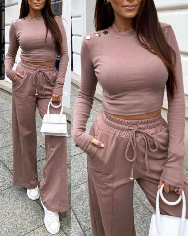 

Buttoned Crop Top & Drawstring Wide Leg Pants Set, Red bean