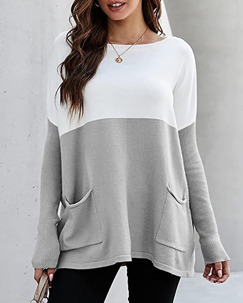 

Long Sleeve Colorblock Pocket Design Top, Gray