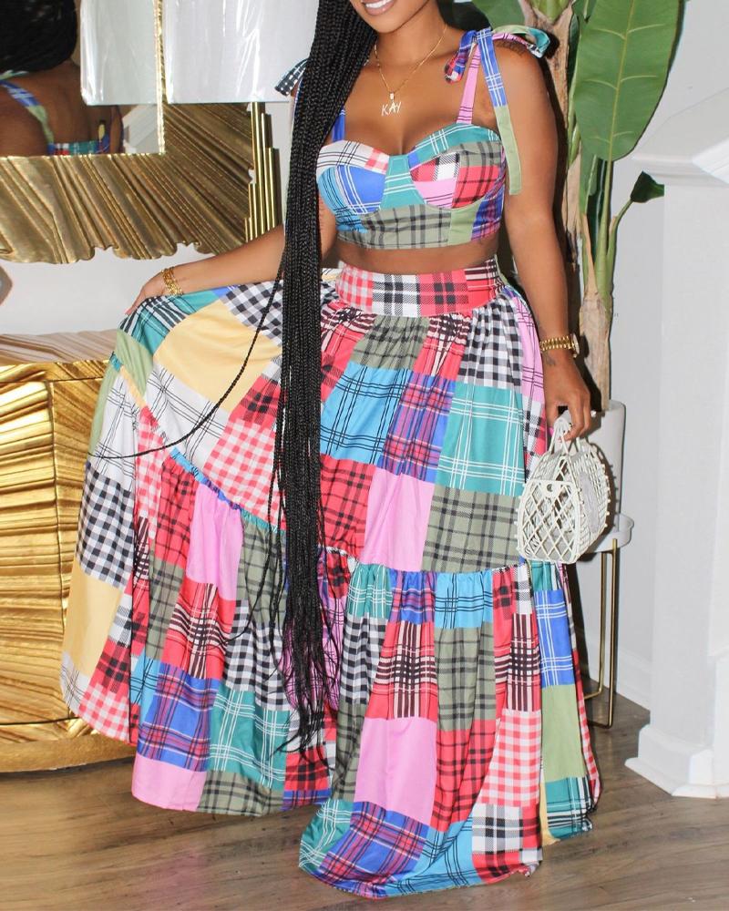 

Plaid Print Tied Detail Crop Top & Skirt Set, Pink