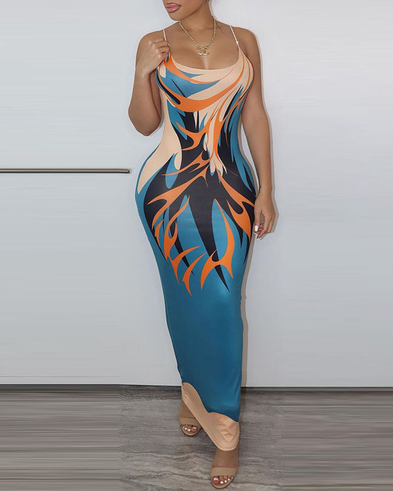 

Fire Print U-Neck Maxi Dress, Blue