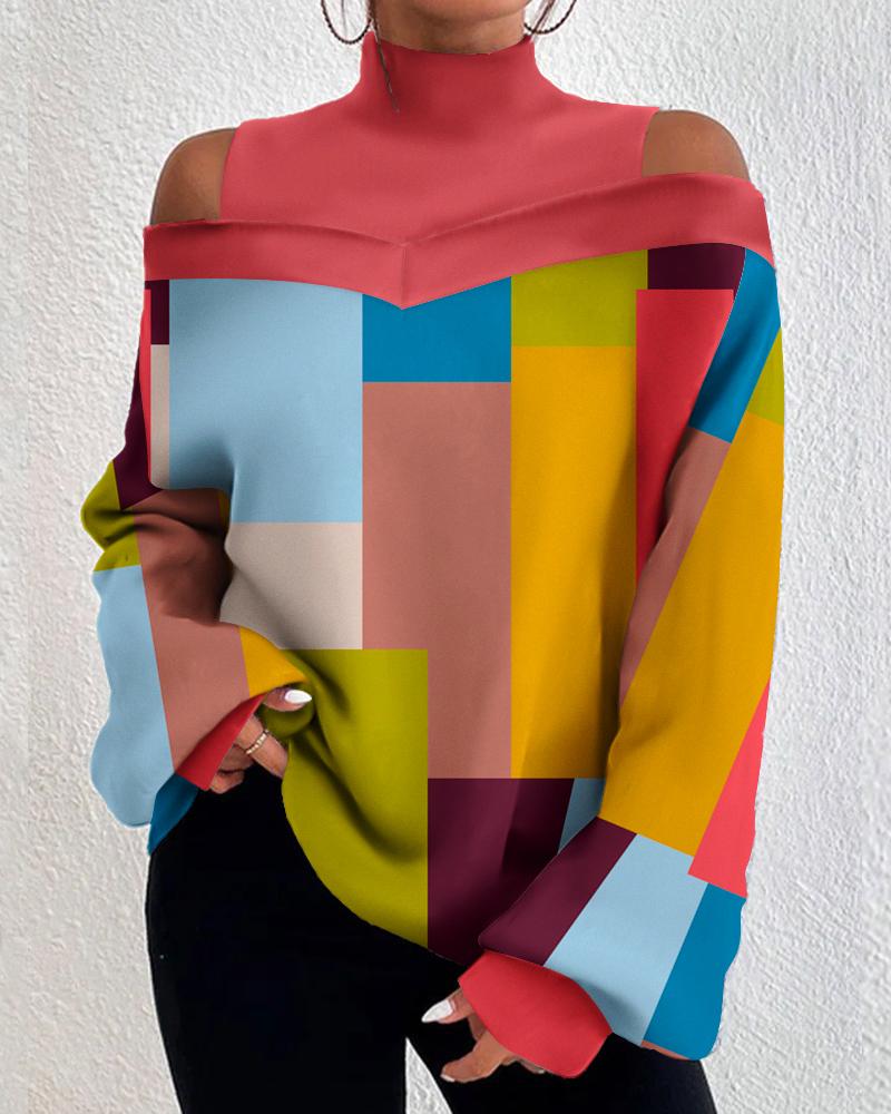 

Geometric Print Cold Shoulder Lantern Sleeve Top, Multicolor