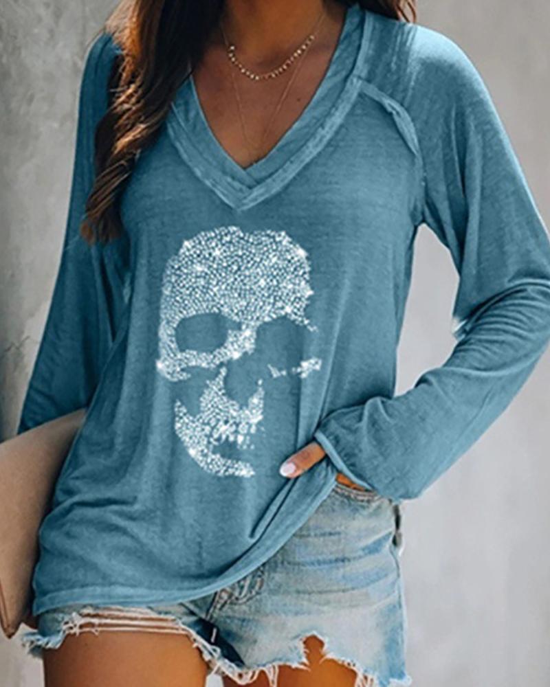 

Skull Pattern Rhinestone Long Sleeve Casual T-shirt, Blue