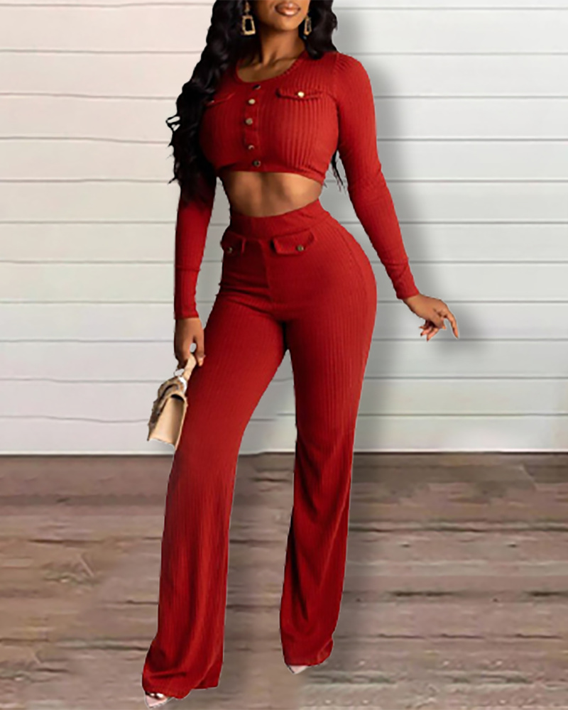 

Ribbed Long Sleeve Buttoned Crop Top & Wide Leg Pants Set, Red