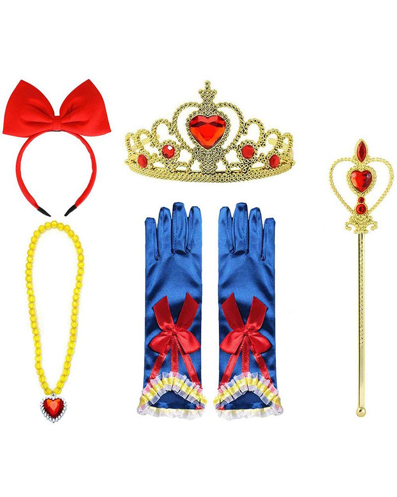 

5pcs Halloween Snow White Crown Scepter Wand Necklace Gloves Red Bow Headband Kids' Costume Accessories Set, Yellow