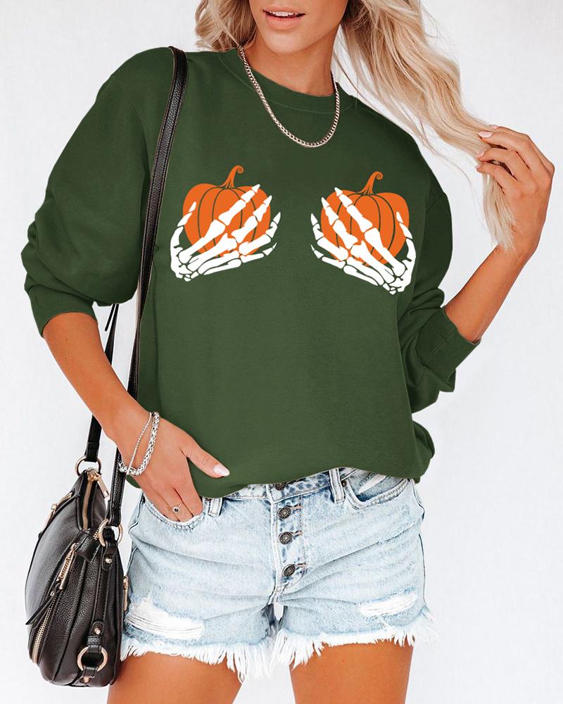 

Halloween Skull Hands Pumpkin Print Long Sleeve Sweatshirt, Green