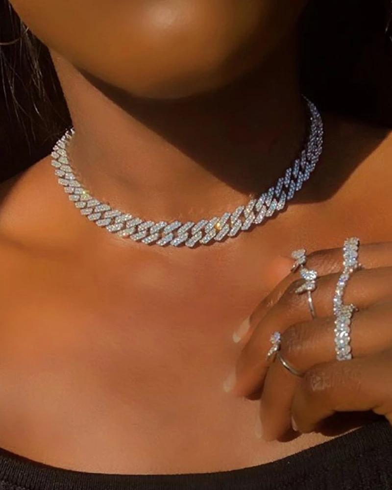 

Rhinestone Decor Punk Chain Choker, Silver