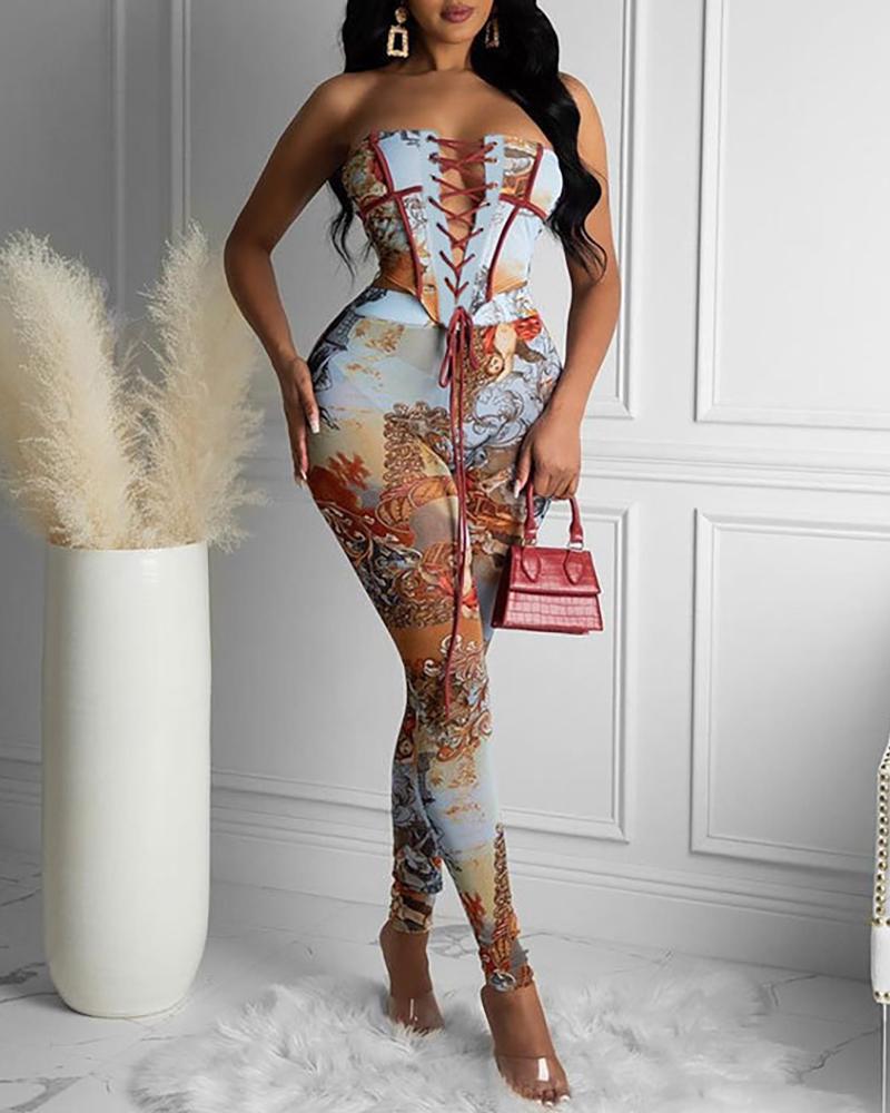 

Graphic Print Eyelet Lace-up Bandeau Top & Pants Set, Multicolor