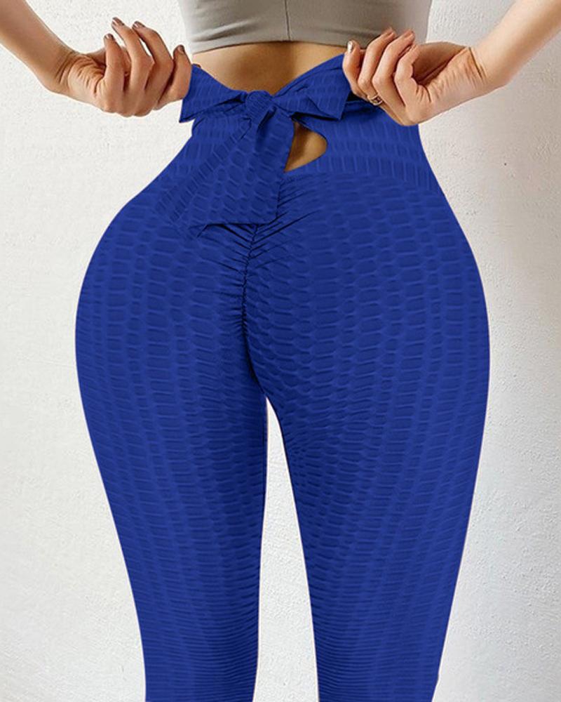 

Textured High Waist Tie Back Scrunch Butt Lift Yoga Pants, Blue