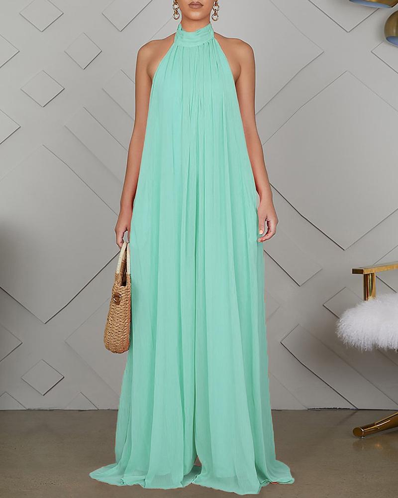

Sleeveless Halter Backless Wide Leg Jumpsuit, Lighted blue