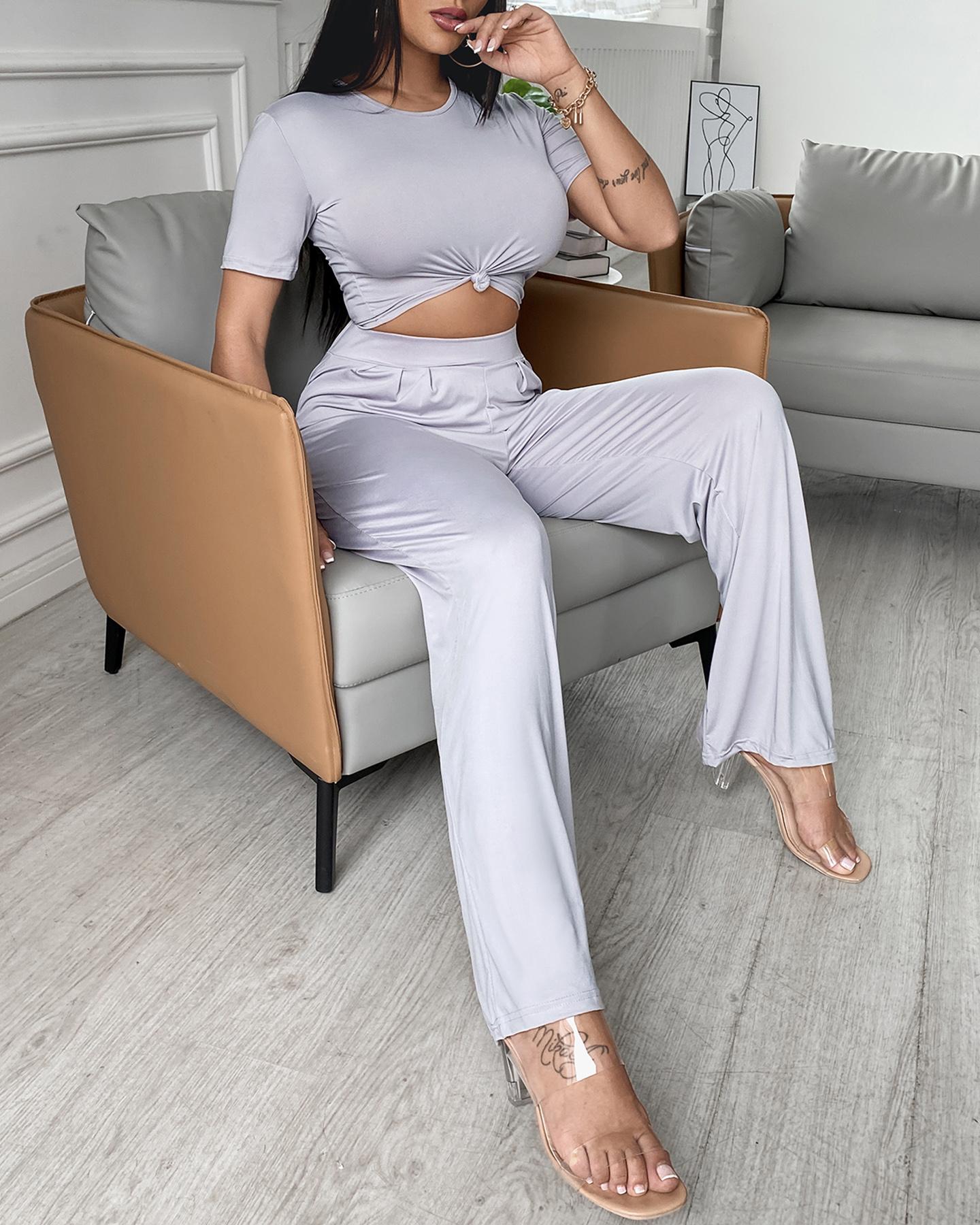 

Casual T-shirt & Wide Leg Pants Set, Gray