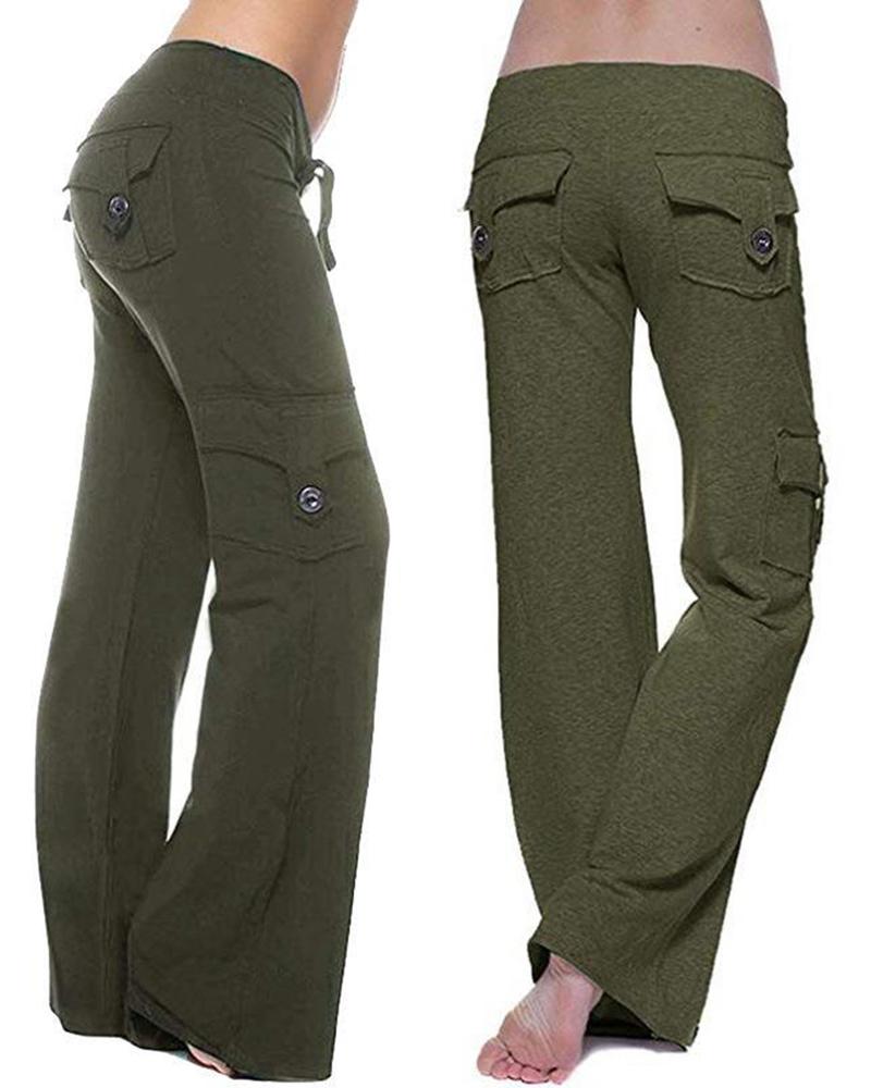 

Drawstring Wide Leg Pocket Design Pants, Army green