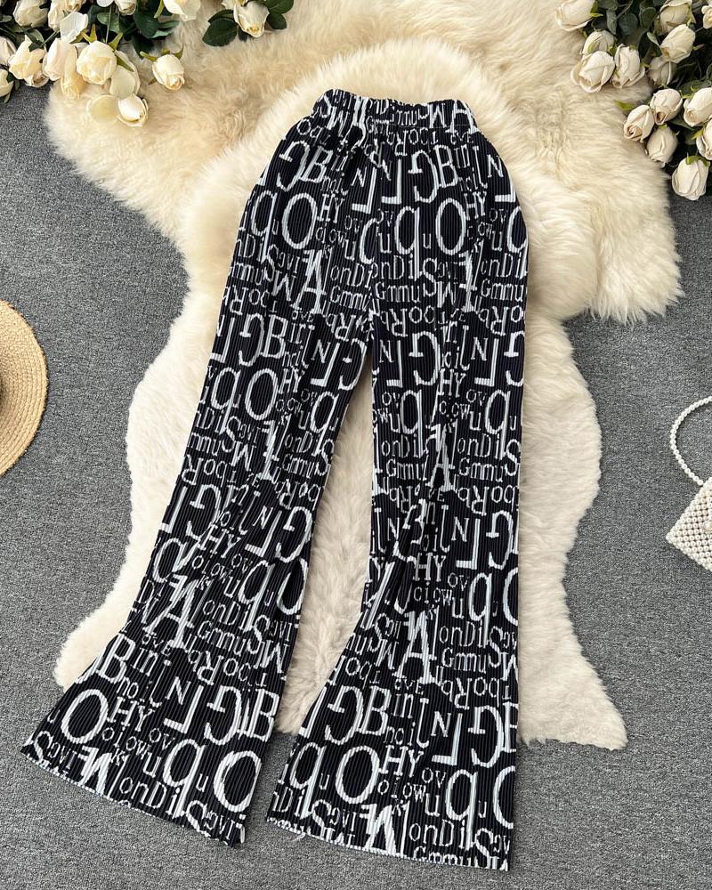 

Vintage Letter Print Wide Leg Pants, Black
