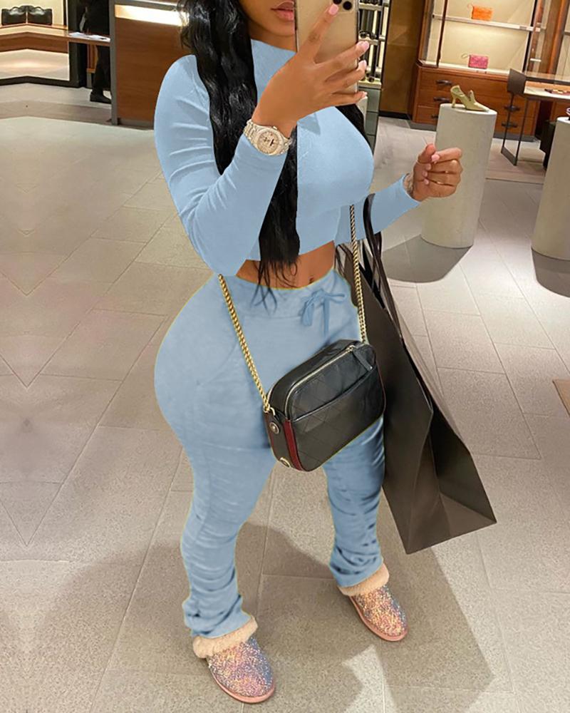 

Plain Long Sleeve Top & Ruched Pant Set, Light blue