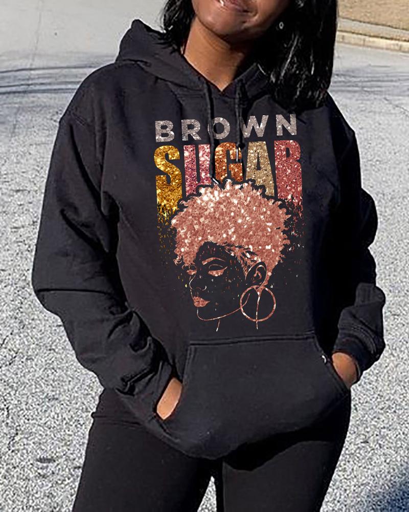 

Plus Size Figure Letter Print Long Sleeve Hoodie, Black