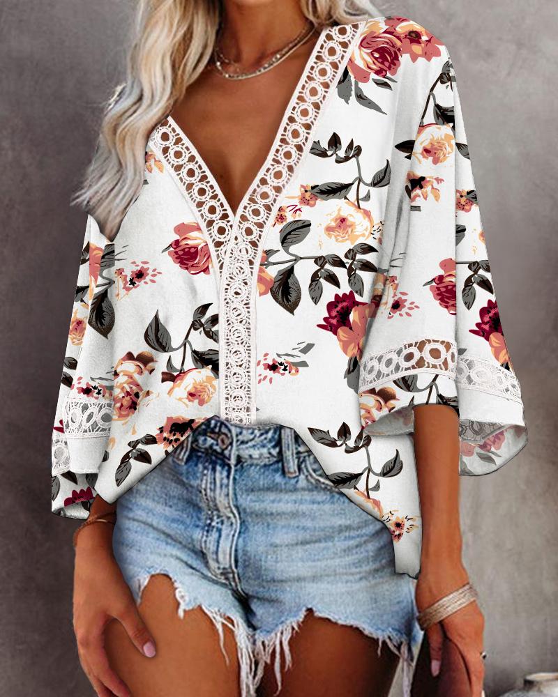 

Floral Print Bell Sleeve Lace Trim V-Neck Top, White
