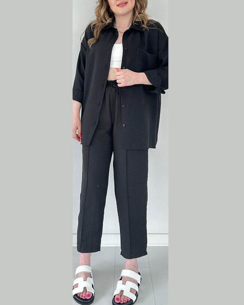 

Buttoned Shirt & Drawstring Pocket Design Pants Set, Black