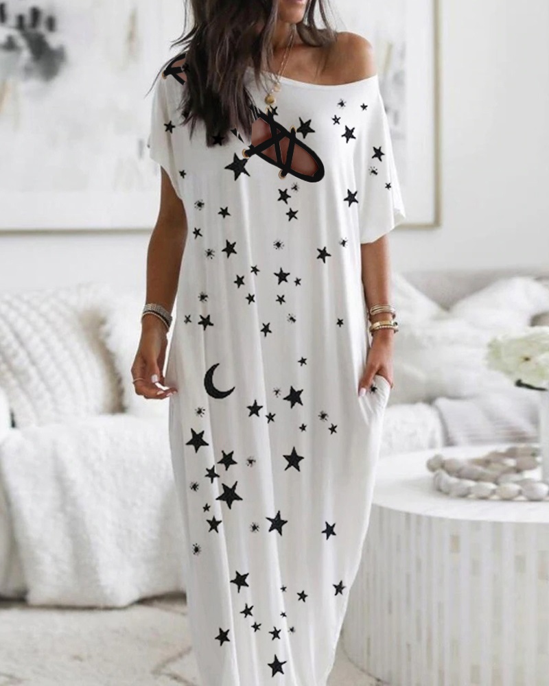 

Stars Print Eyelet Lace-up Casual Dress, White