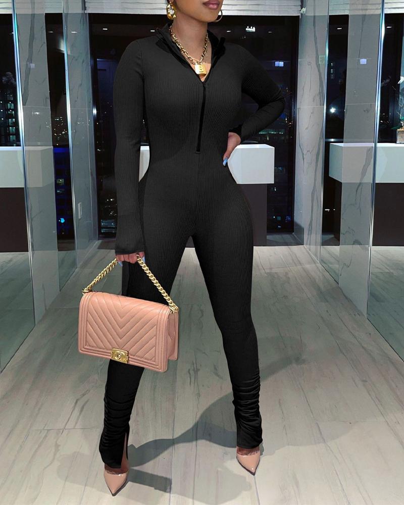 

Long Sleeve Zip Detail Skinny Jumpsuit, Black